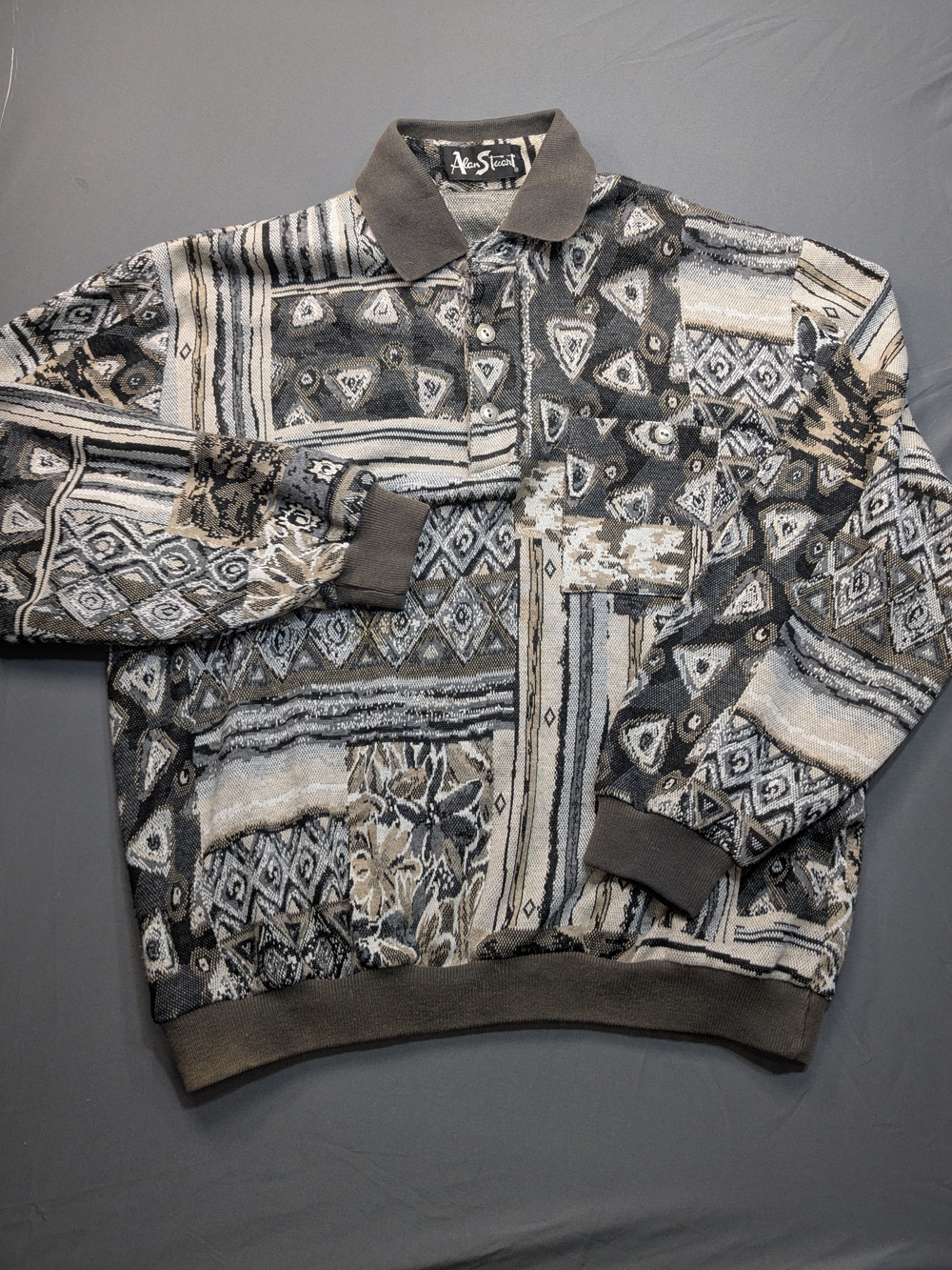 Alan Stuart Vintage Coogi Style Gray & Cream Patterned Knit Polo